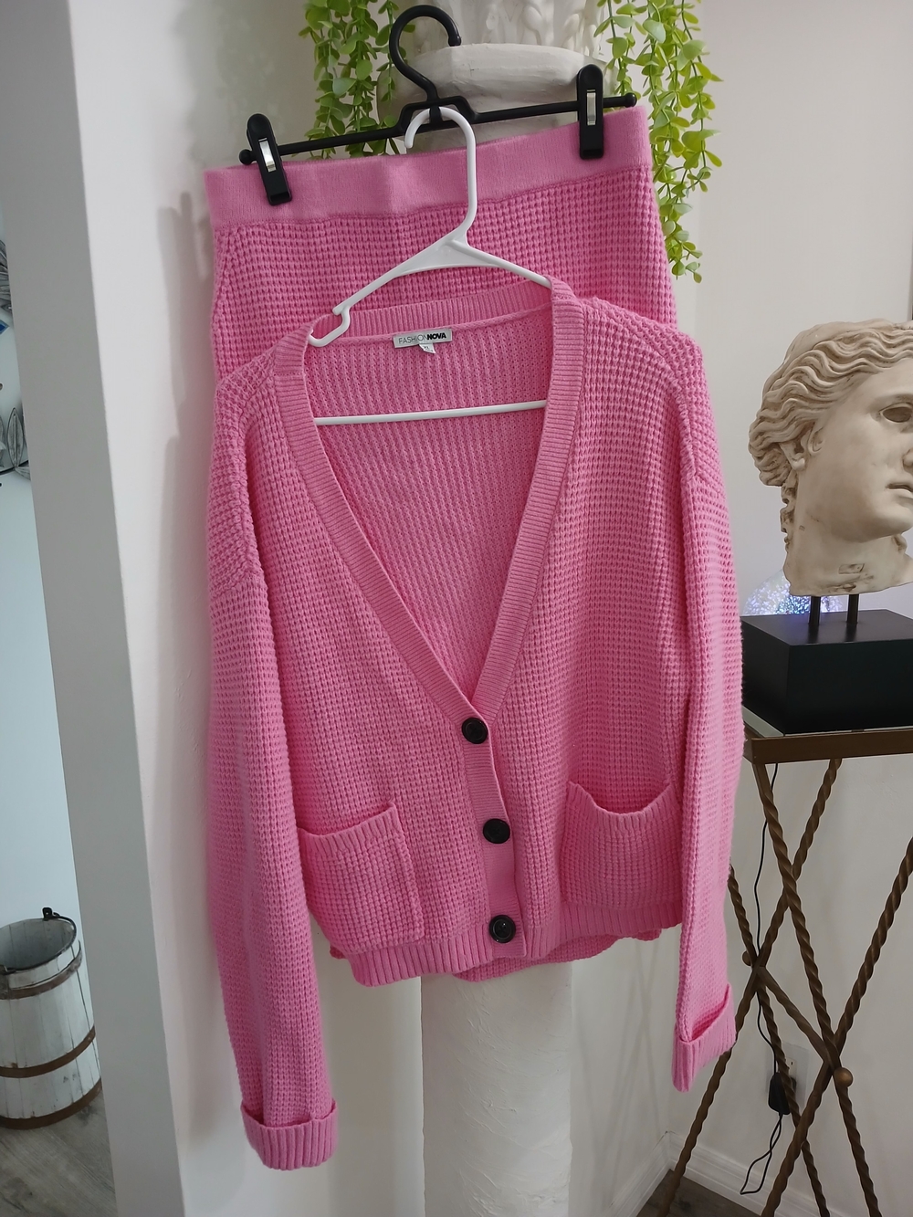 Fashion Nova Pink Waffle Knit Button Cardigan+ Skirt Set